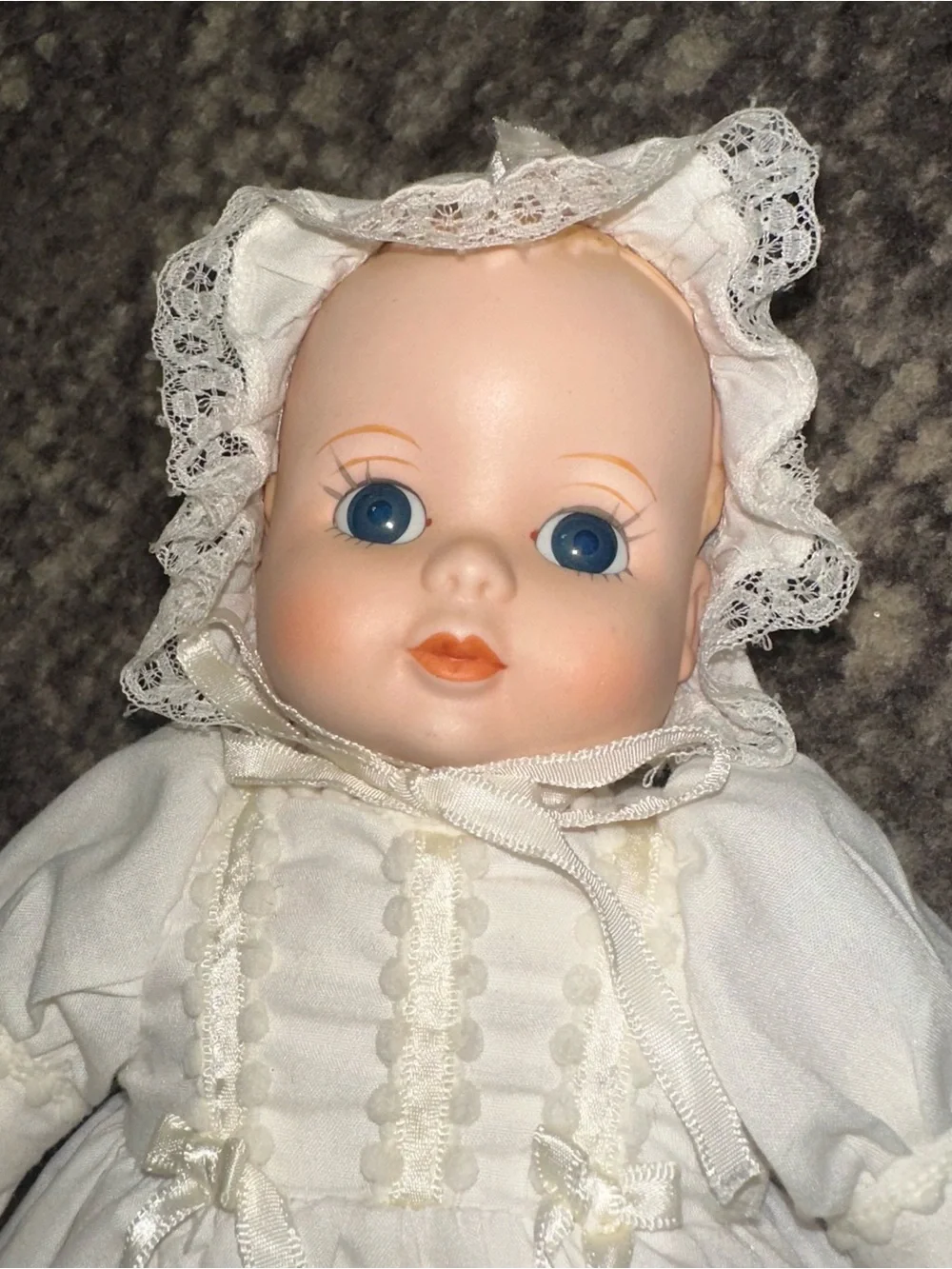 Russ Vintage White Porcelain & Cloth Baby Love Christening Doll with Lace Bonnet